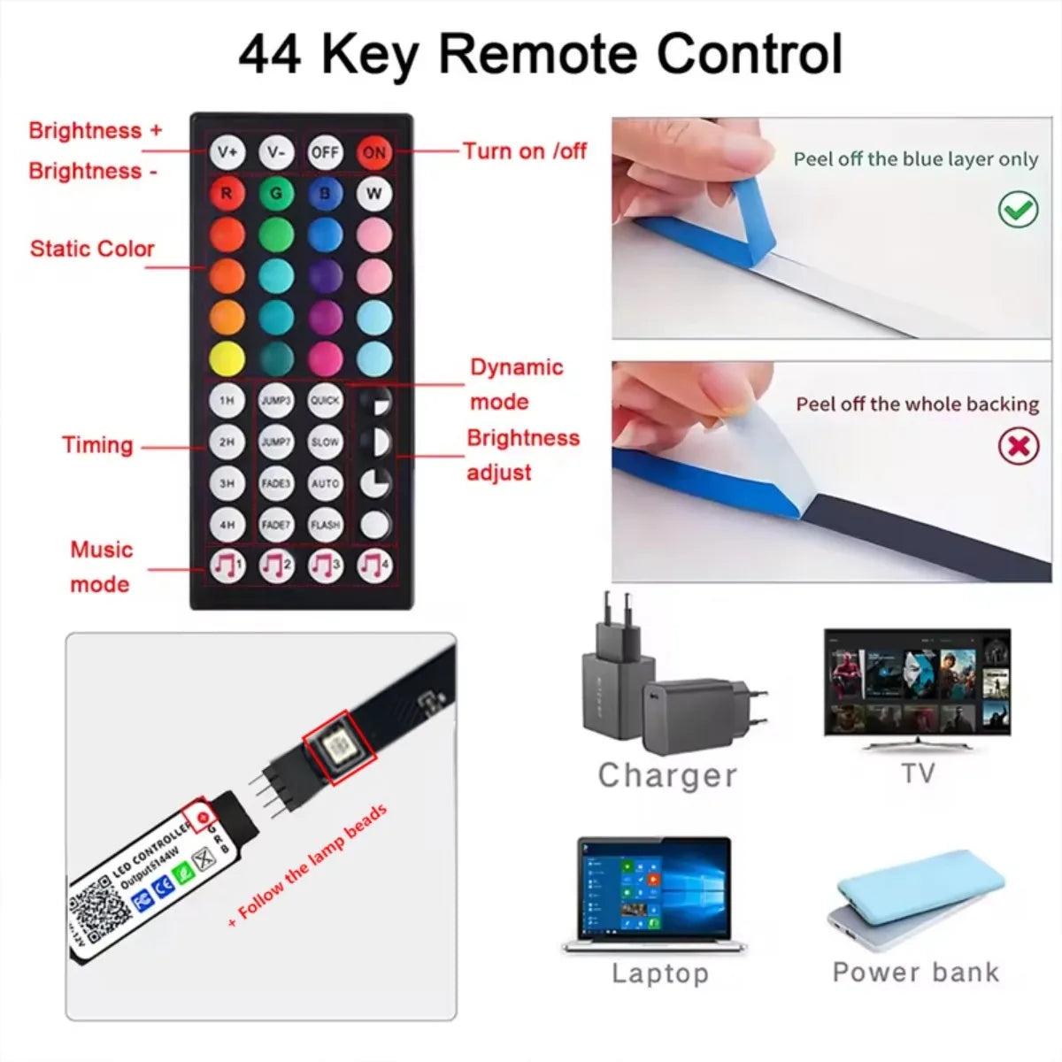 Fita LED RGB USB 5V com Sincronização de Música e Controle Remoto ou App