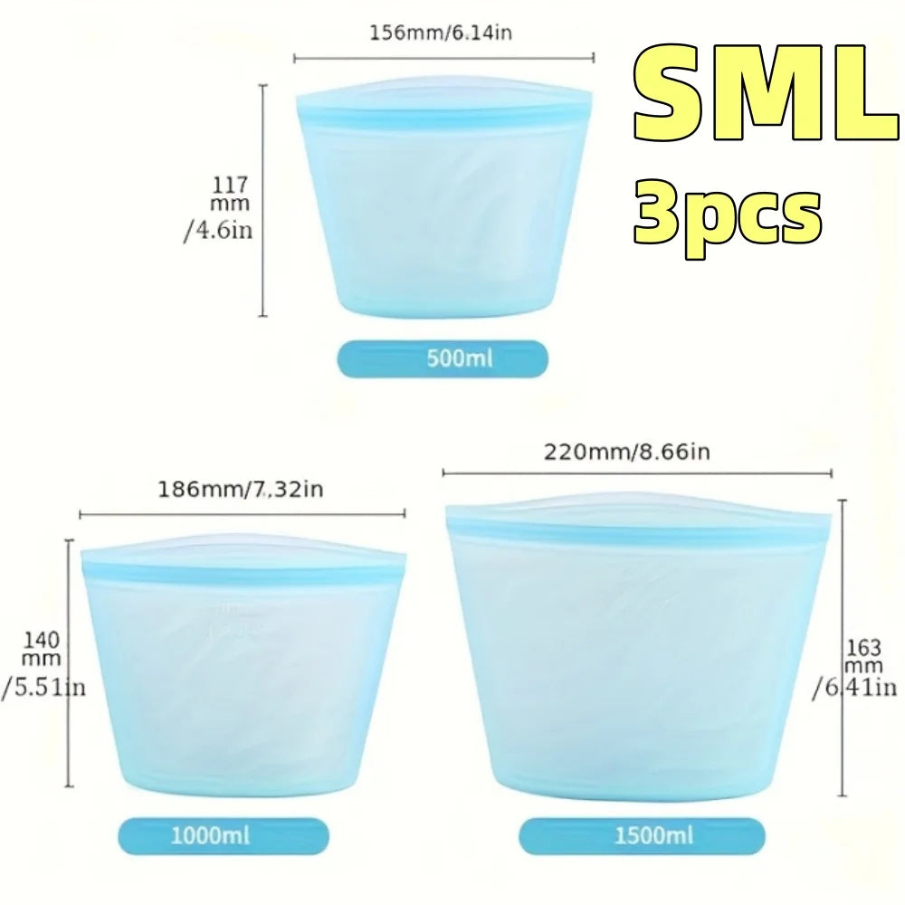 Kit 3 Sacos de Silicone Reutilizáveis: Ziplock à Prova de Vazamento