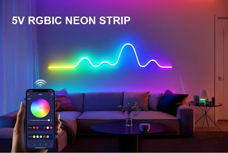 Fita LED Neon RGBIC Inteligente Flexível com Controle via App (USB)