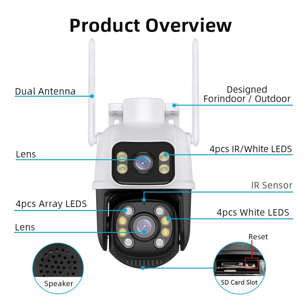 Câmera Externa Wifi Lente Dupla 8MP com Rastreamento à Prova d'Água com Visão Noturna