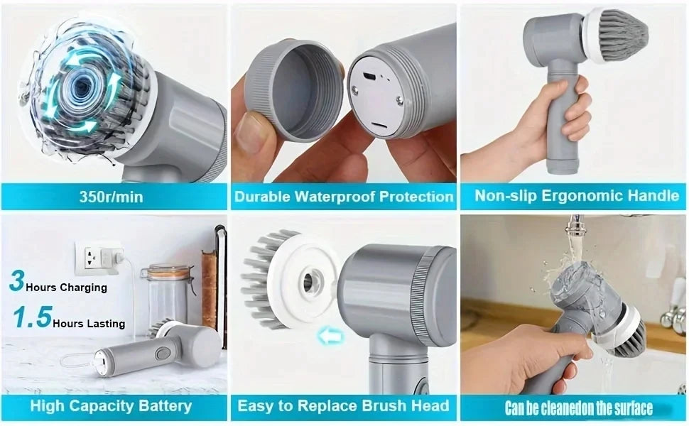 Escova de Limpeza Elétrica 6 em 1 Recarregável com 6 Ponteiras