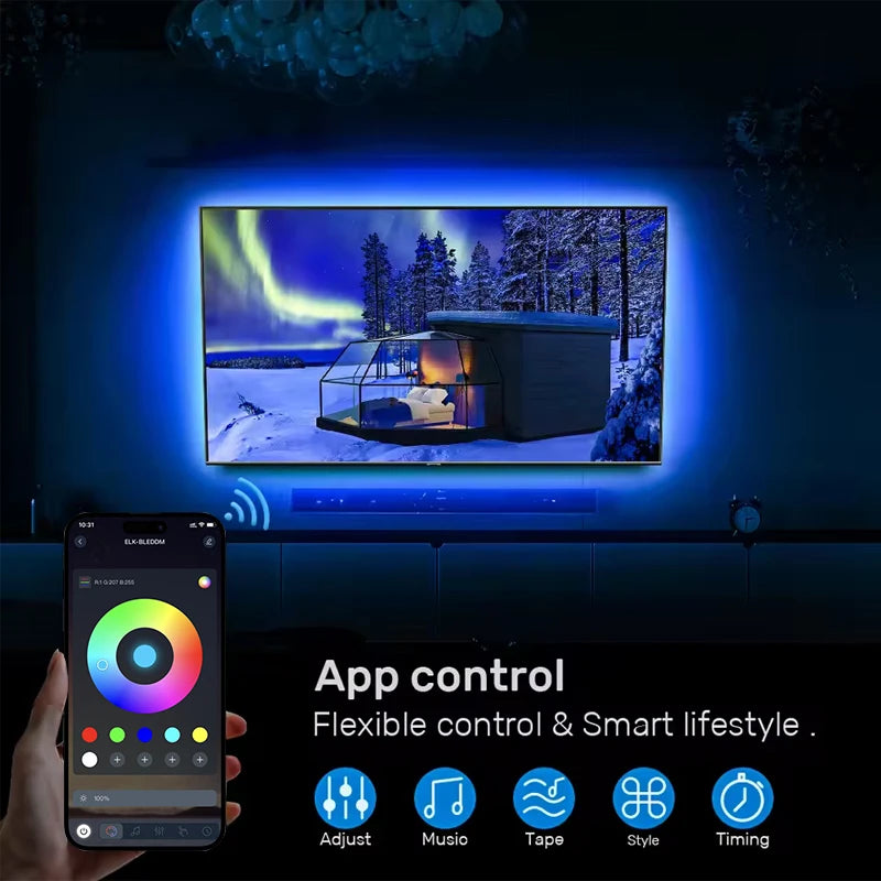 Fita LED RGB USB 5V com Sincronização de Música e Controle Remoto ou App