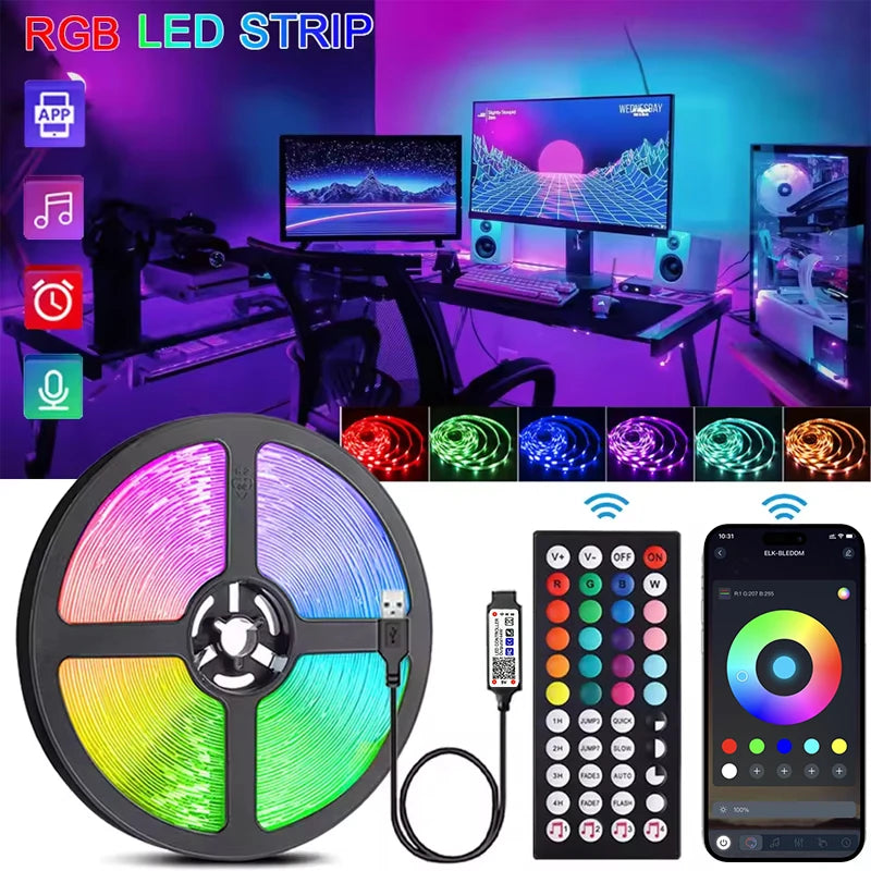 Fita LED RGB USB 5V com Sincronização de Música e Controle Remoto ou App