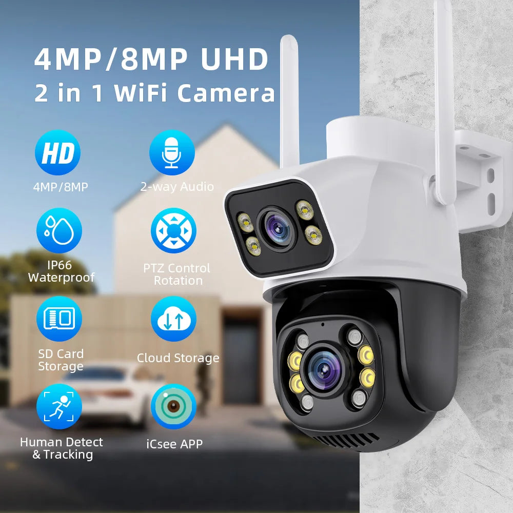 Câmera Externa Wifi Lente Dupla 8MP com Rastreamento à Prova d'Água com Visão Noturna