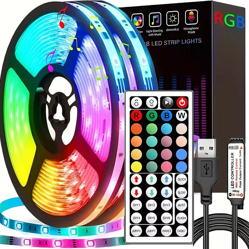 Fita LED RGB USB 5V com Sincronização de Música e Controle Remoto ou App