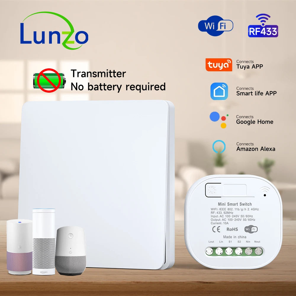 Interruptor de Parede Sem Fio RF433 com Receptor Wifi (App Tuya/Smart Life)